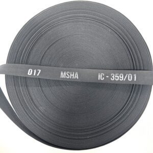 Roll of black webbing strap labeled MSHA